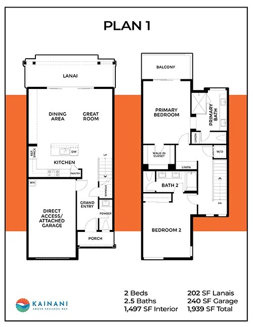Kainani Plan 1 floor plan — 2 bed, 2.5 bath, 1,457 sq ft