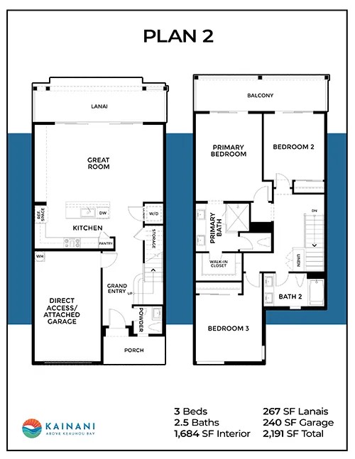 Kainani Plan 2 floor plan — 3 bed, 2.5 bath, 1,684 sq ft